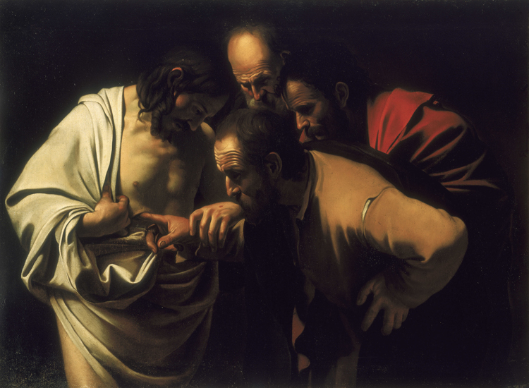Caravaggio, Incredulità di san Tommaso (1600-1601), olio su tela, particolare. Potsdam, Sanssouci (Alinari)
